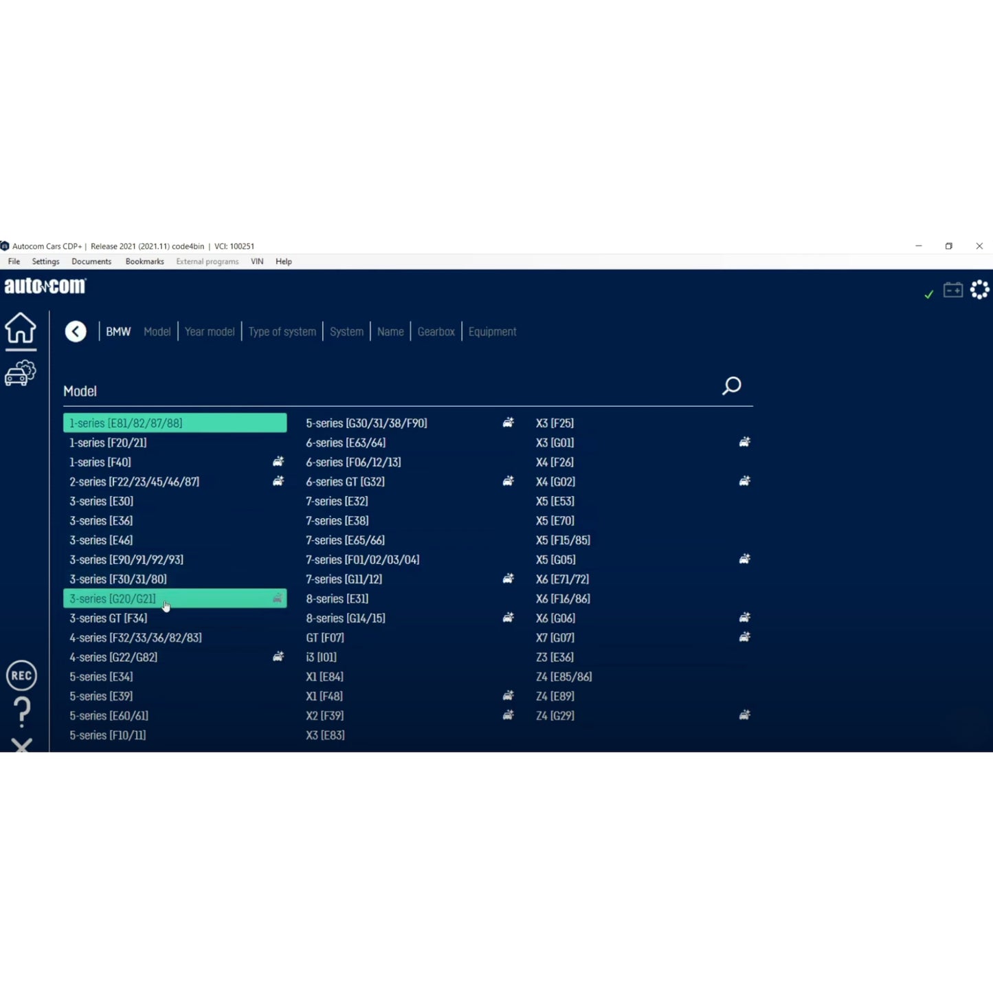 Autocom 2021 diagnostic software interface by ProDiagTools showing BMW model selection menu for automotive diagnostics