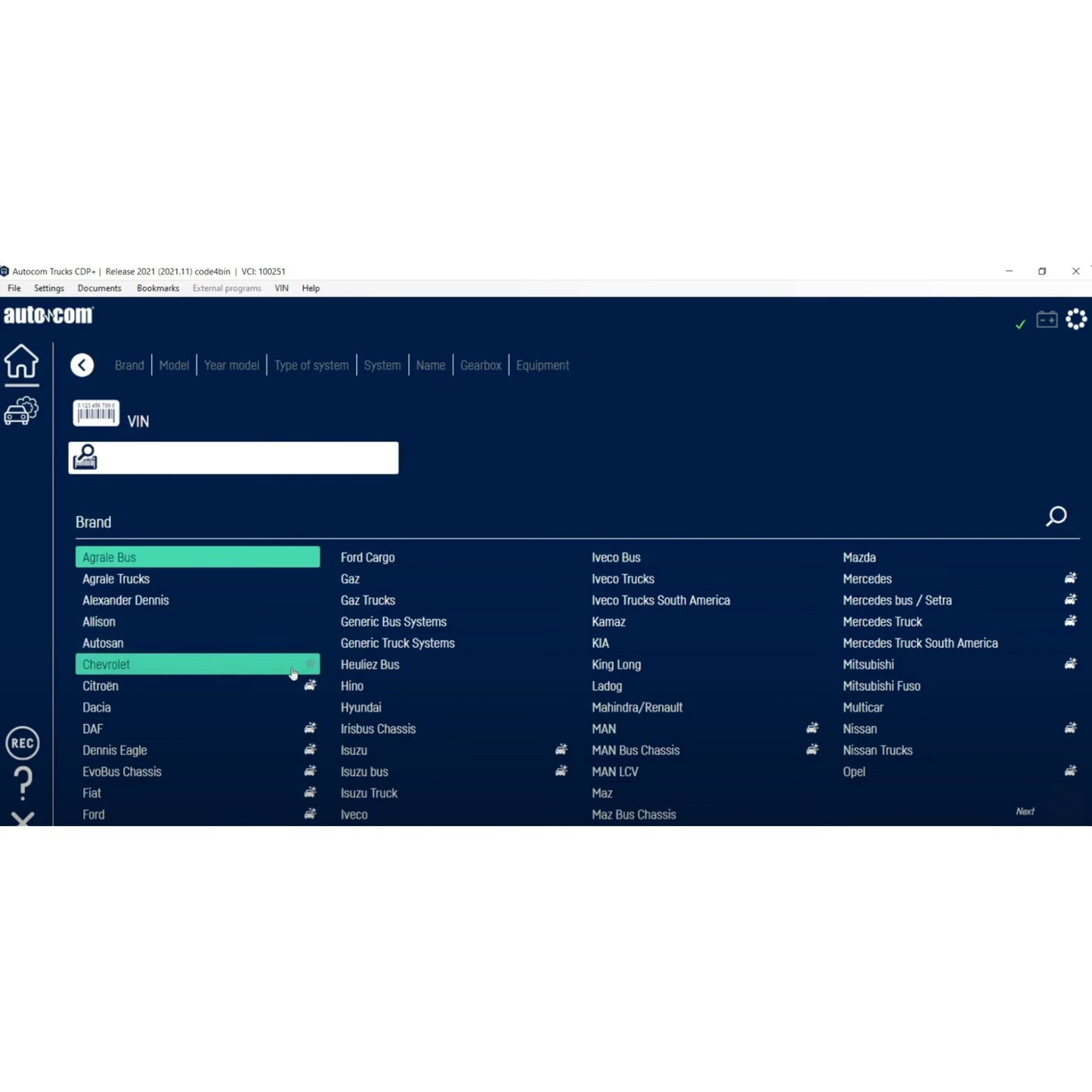 Autocom 2021 diagnostic software interface by ProDiagTools showing vehicle brand selection menu