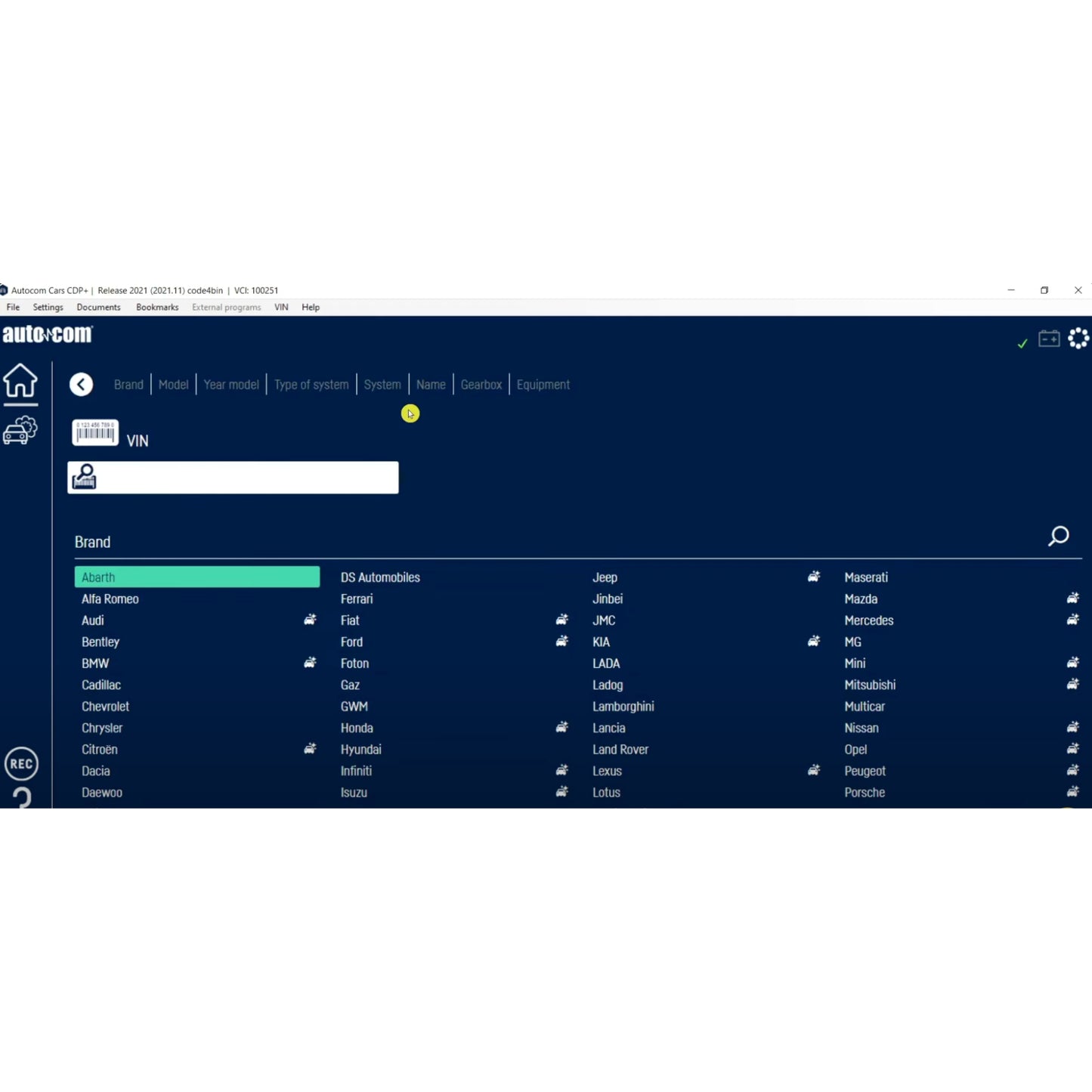 ProDiagTools Autocom 2021 diagnostic software interface showing vehicle brand selection menu