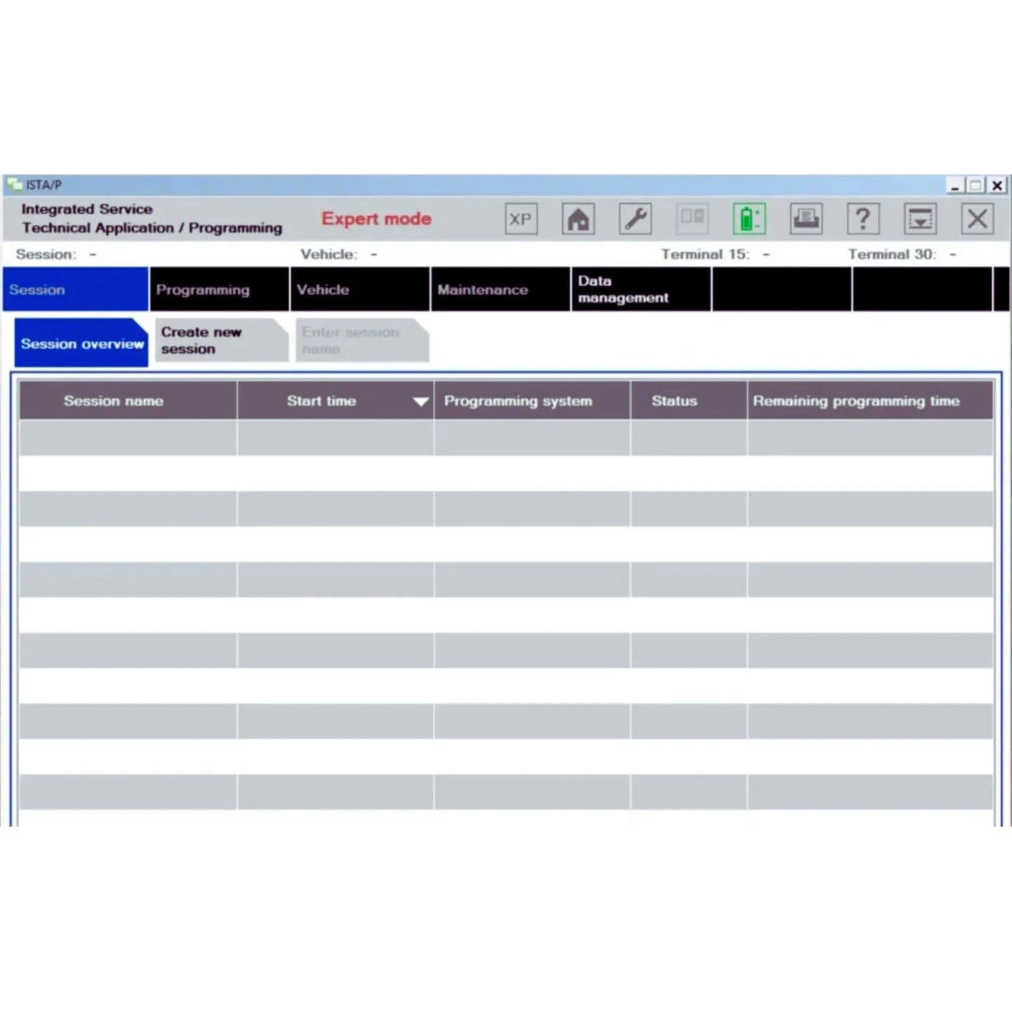 ProDiagTools ISTA P diagnostic screen showing Expert mode session list for BMW Full Software Pack programming