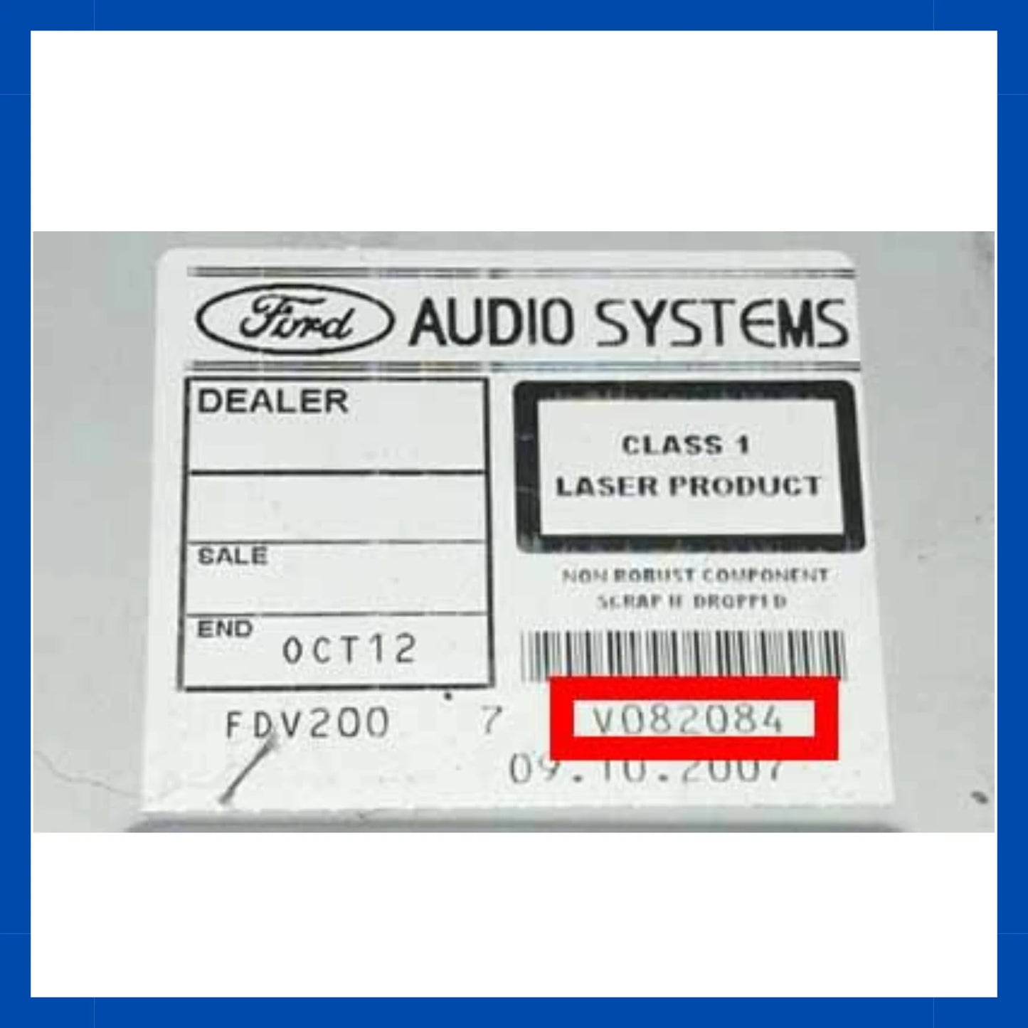 ProDiagTools Ford radio code unlock showing Ford Audio Systems label with barcode and serial number