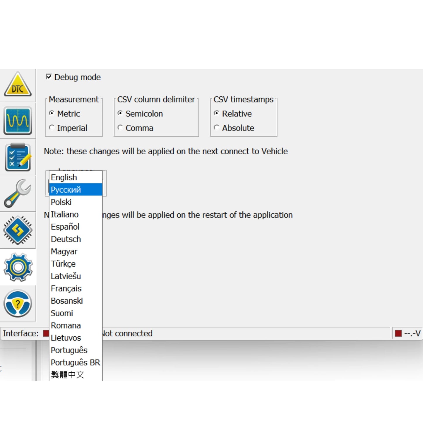 ProDiagTools FORScan settings screen showing language dropdown measurement units CSV options and interface not connected