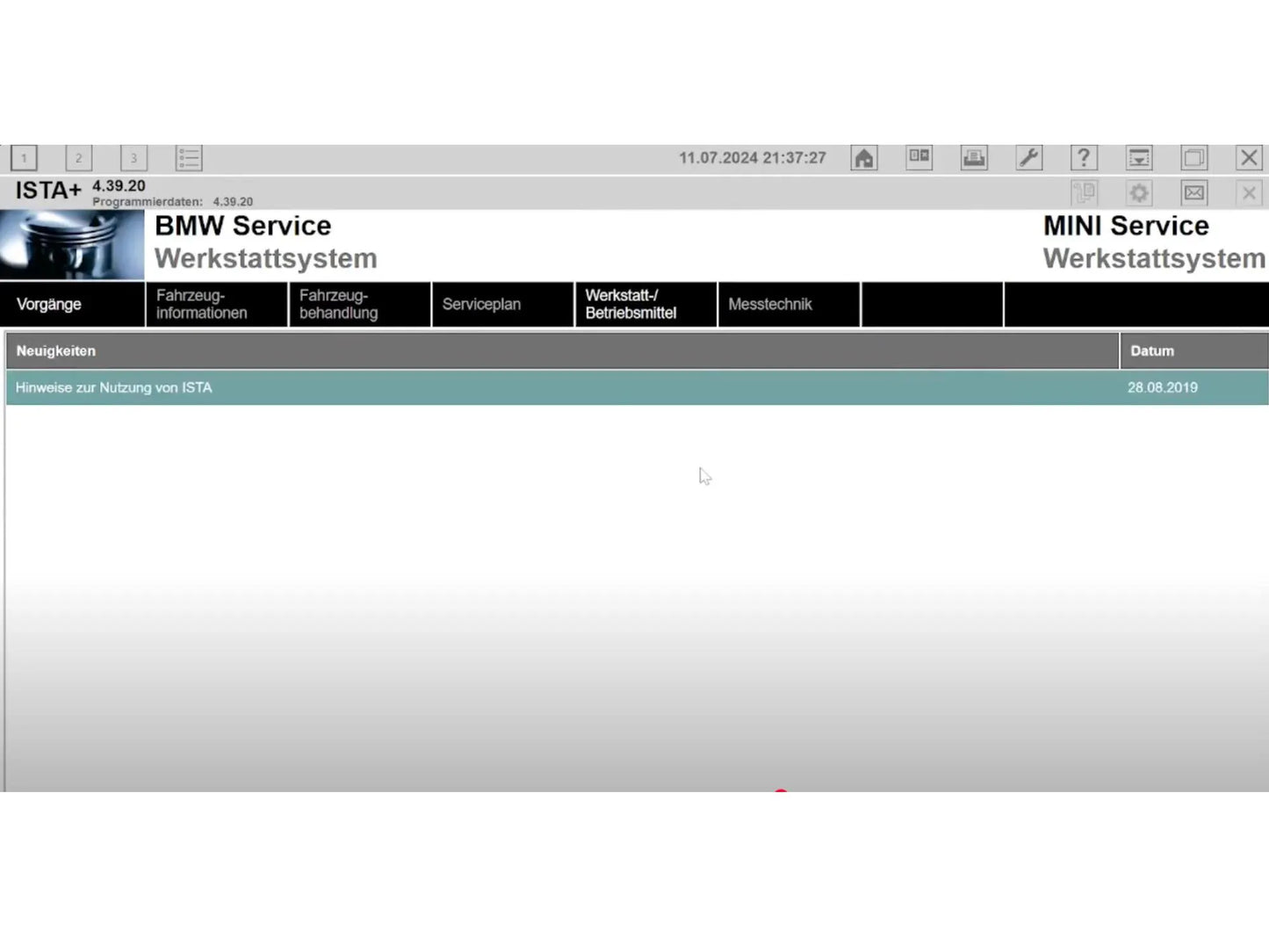 ProDiagTools ISTA+ 4.39.20 BMW diagnostic software interface showing BMW and MINI service workshop system