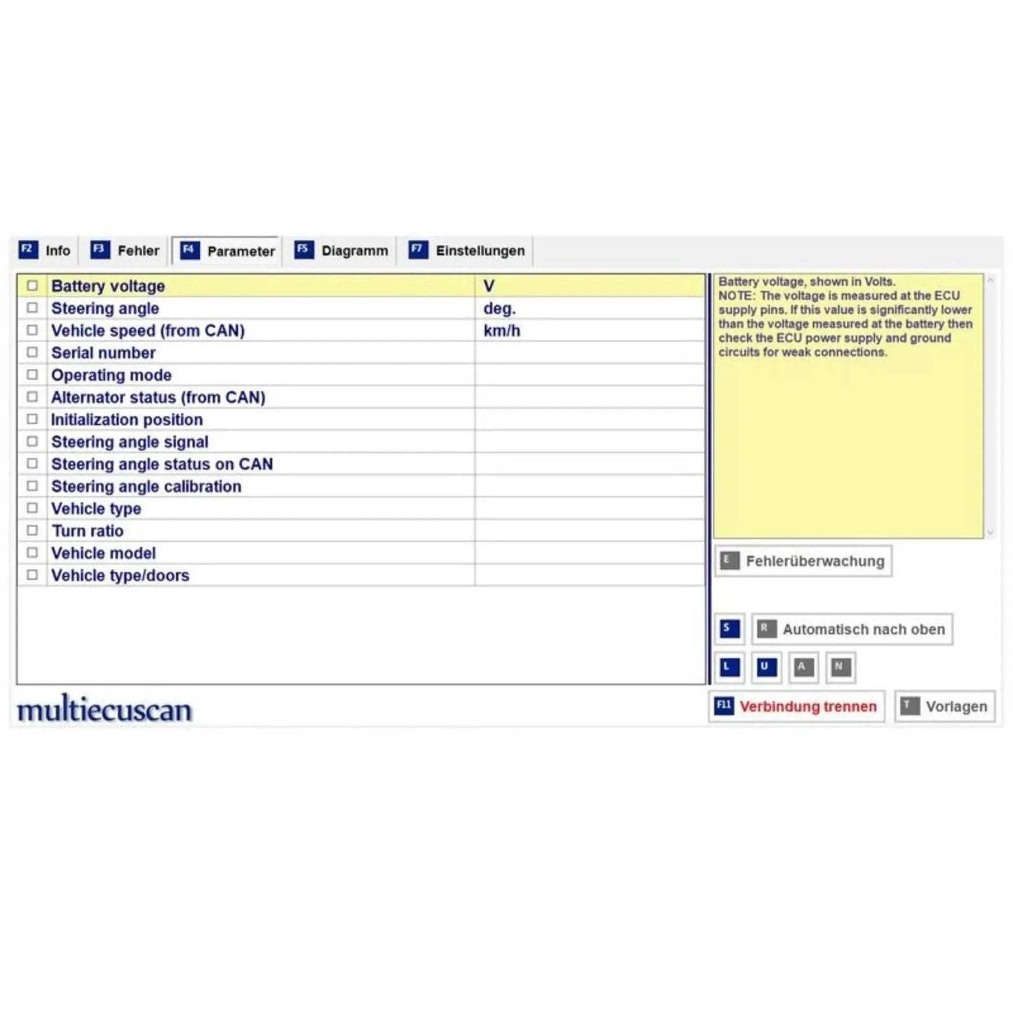 Multiecuscan 5.1 diagnostic software interface showing vehicle parameters and battery voltage data
