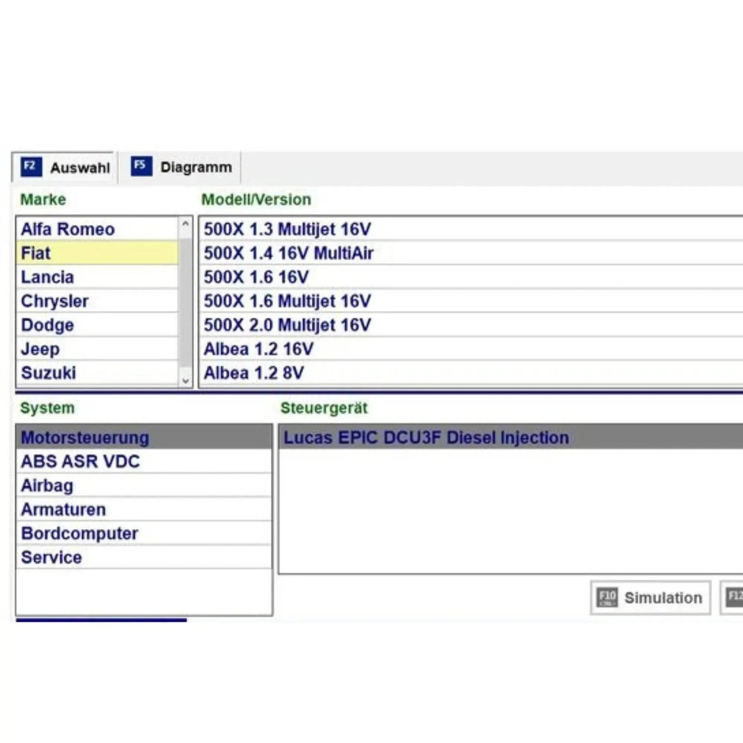 Multiecuscan 5.1 diagnostic software interface showing vehicle models and system options by ProDiagTools