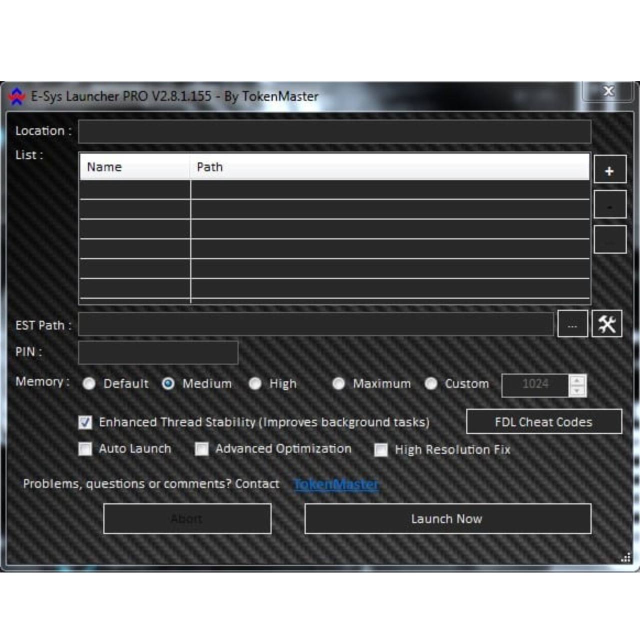E-Sys Launcher PRO software interface window showing version 2.8.1.155 with optimisation and memory settings