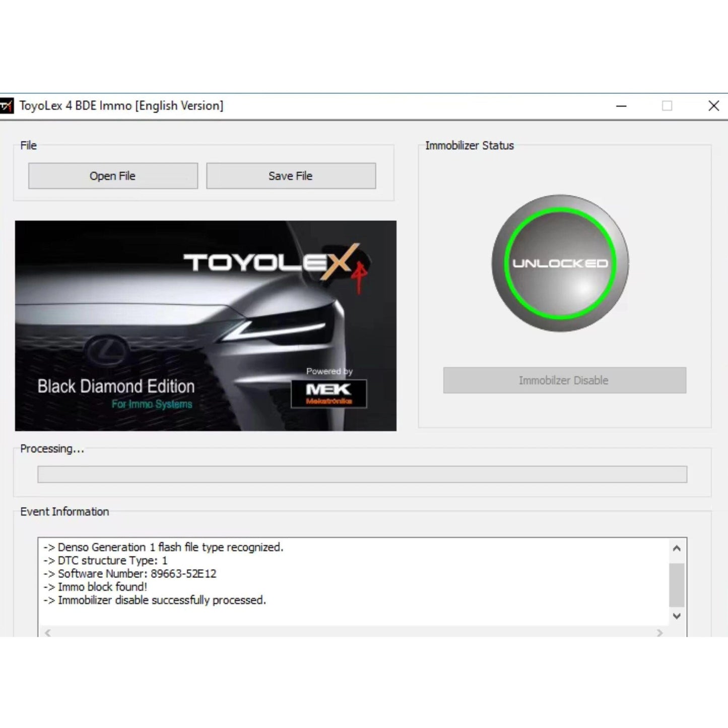 ProDiagTools immo off tool for Toyota Lexus software interface showing immobilizer unlocked status
