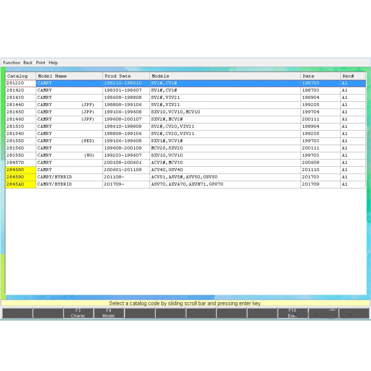 Prodiagtools Toyota EPC 2025 parts catalogue software interface showing Toyota Camry model parts list