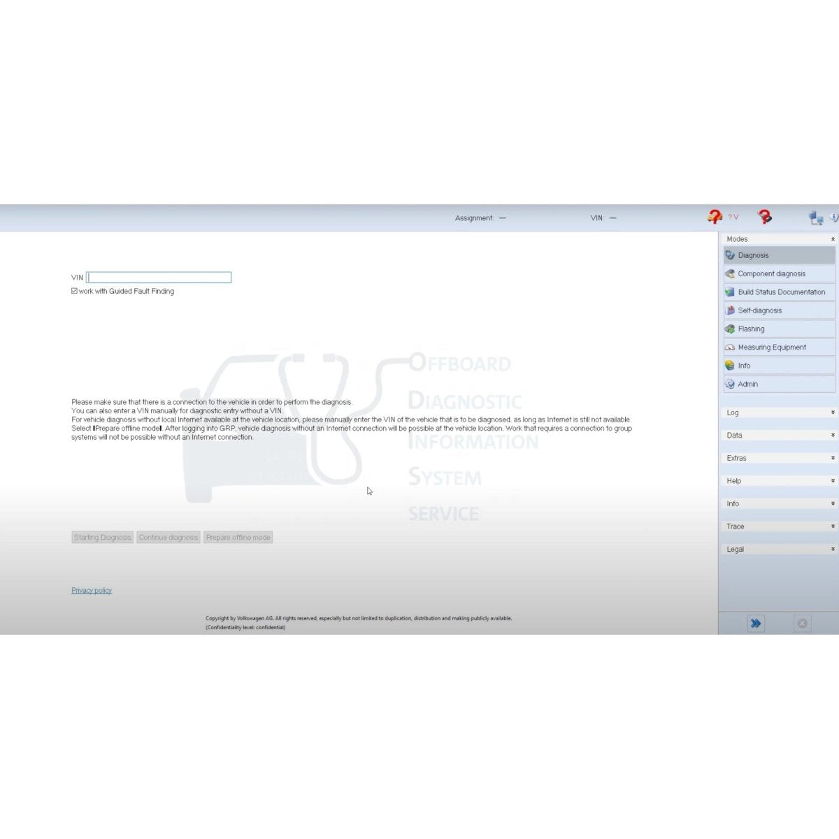 ProDiagTools VW Audi diagnostic software interface showing vehicle identification and diagnostic options