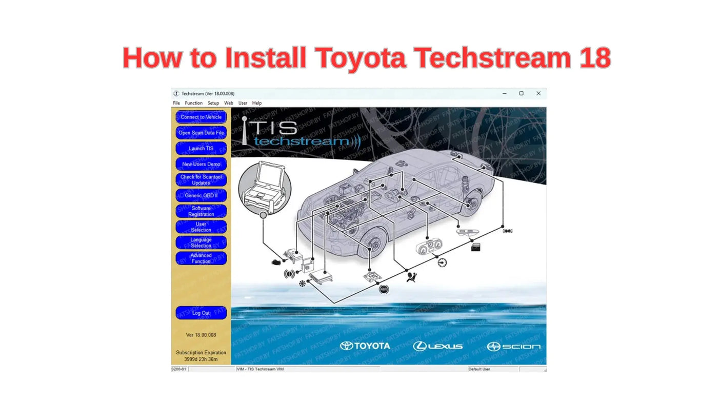 How to install Toyota Techstream 18 tutorial image showing Techstream software dashboard for Toyota, Lexus, and Scion vehicles on Windows.