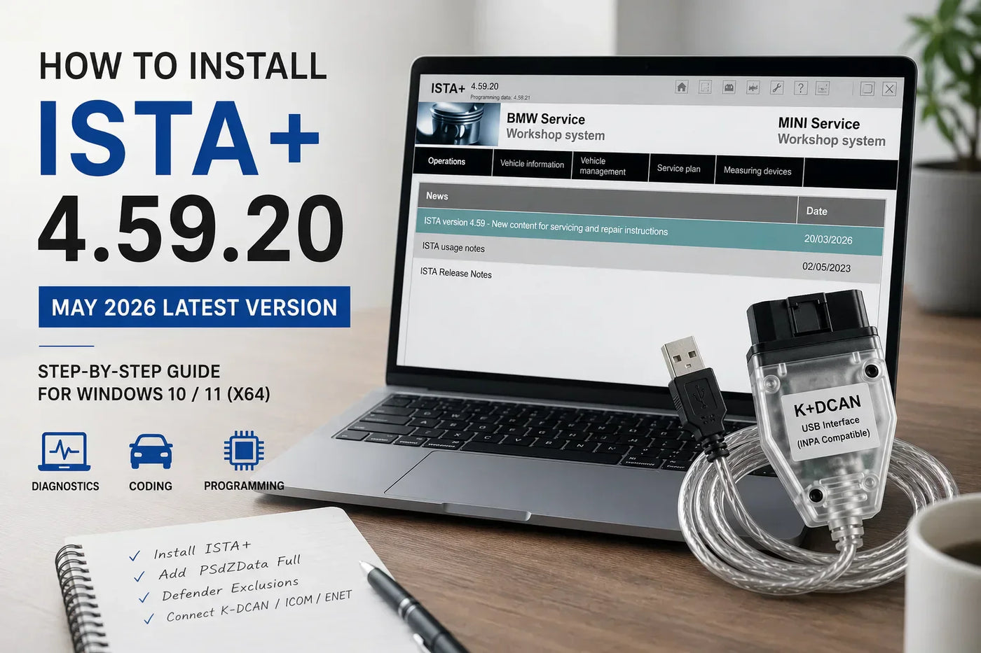 Clean blog cover for How to Install ISTA+ 4.59.20 showing BMW diagnostic software on a laptop screen, K-DCAN adapter on a desk, and Windows 10/11 installation guide for BMW diagnostics