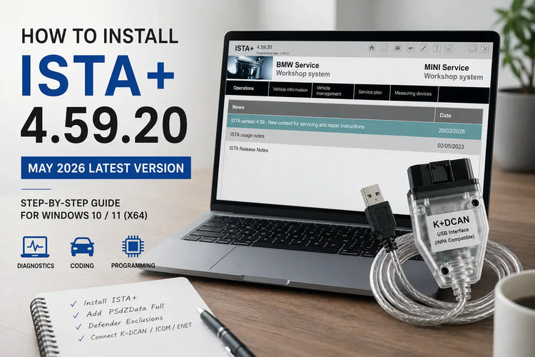 Clean blog cover for How to Install ISTA+ 4.59.20 showing BMW diagnostic software on a laptop screen, K-DCAN adapter on a desk, and Windows 10/11 installation guide for BMW diagnostics