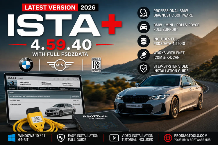 ISTA+ 4.59.40 installation guide for Windows 10 and 11 showing BMW diagnostic software setup, Full PSdZData installation, ENET ICOM K-DCAN interface support, and step-by-step BMW software install tutorial.