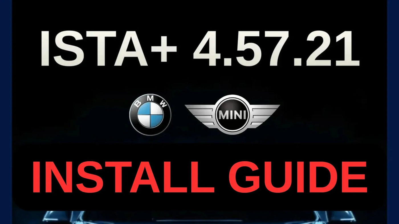 Cover image for ISTA+ 4.57.21 install guide featuring BMW and MINI logos and a BMW car front view.