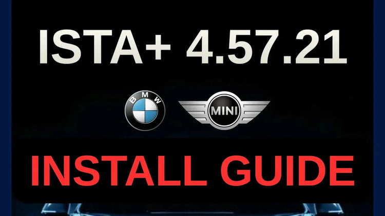 Cover image for ISTA+ 4.57.21 install guide featuring BMW and MINI logos and a BMW car front view.