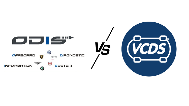 ODIS vs VCDS logos illustrating comparison of VAG diagnostic software for VW, Audi, Skoda and SEAT vehicles