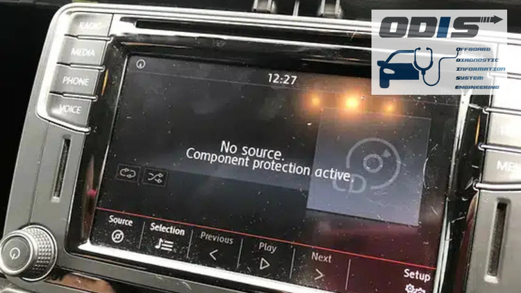 VAG infotainment screen showing “Component Protection active” message after module replacement, diagnosed using ODIS software