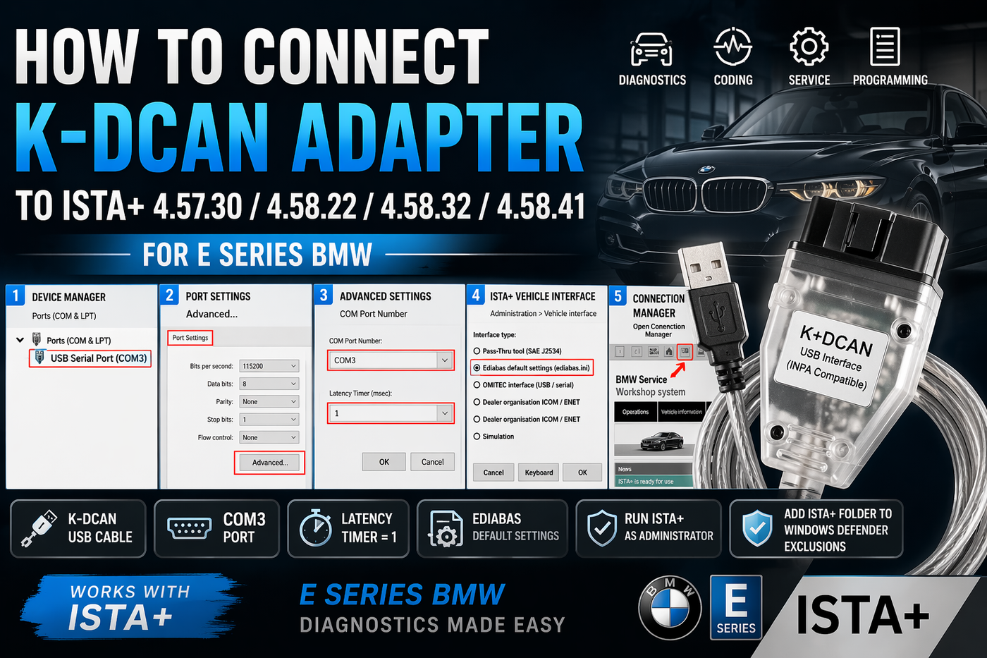 How to connect K-DCAN adapter to ISTA+ for BMW E Series with COM3 port setup, latency timer 1, Ediabas interface selection, and ISTA+ connection steps