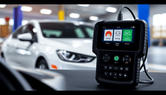 Professional car diagnostic scanner in a workshop with a BMW-style vehicle in the background, illustrating BMW VW Audi diagnostic tools