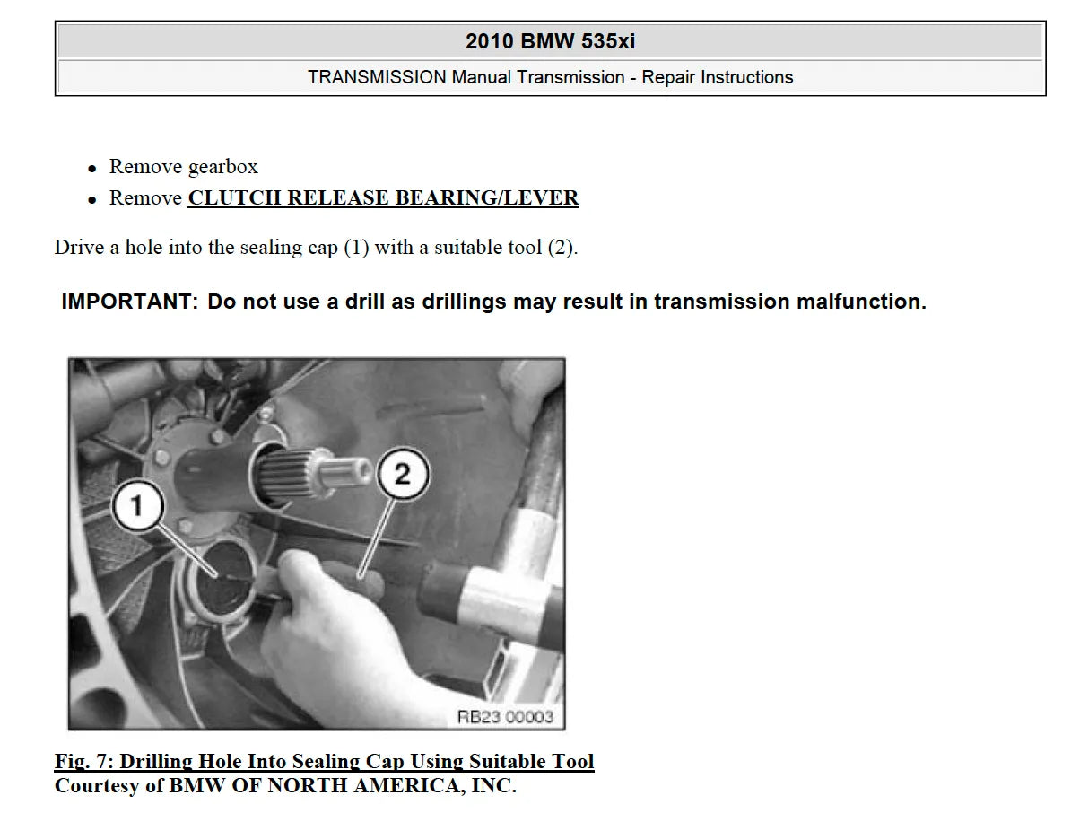2010 BMW 535xi manual transmission repair instructions page showing clutch release bearing and sealing cap tool procedure