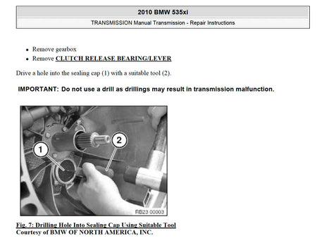 2010 BMW 535xi manual transmission repair instructions page showing clutch release bearing and sealing cap tool procedure