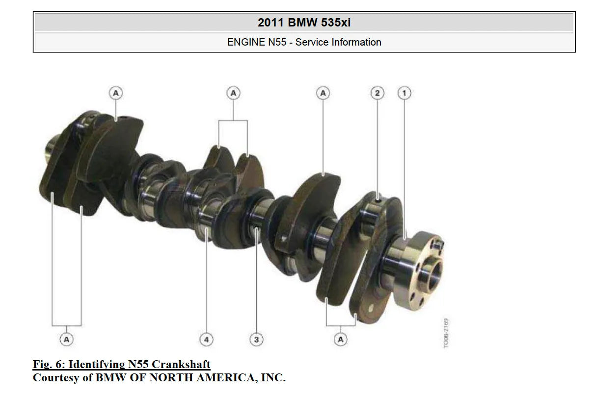 2011 BMW 535xi N55 engine service information page showing N55 crankshaft illustration from workshop manual