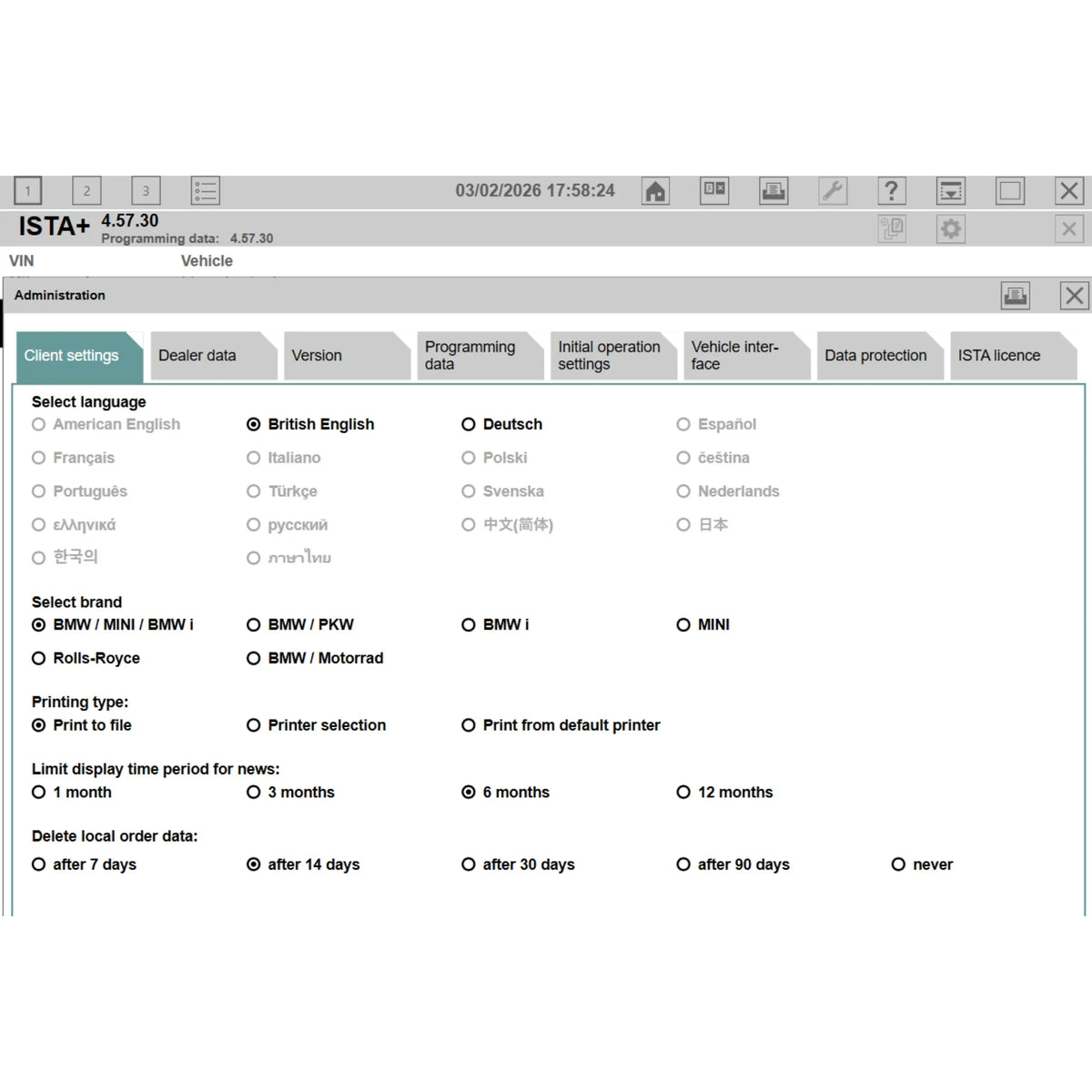 ISTA+ 4.57.30 settings screenshot showing Administration → Client settings page with language selection, BMW/MINI/Rolls-Royce brand selection and printing options in BMW diagnostic software