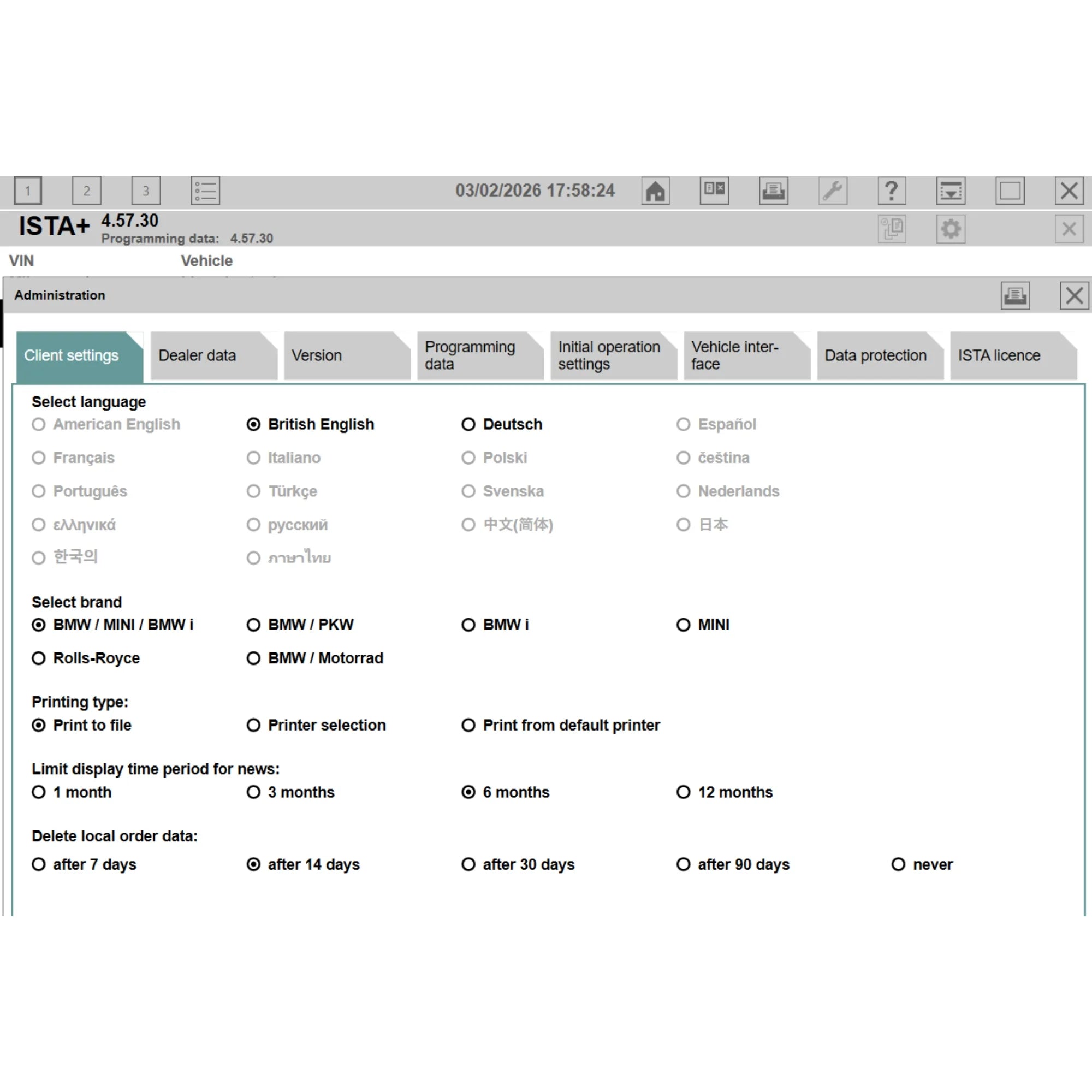 ISTA+ 4.57.30 settings screenshot showing Administration → Client settings page with language selection, BMW/MINI/Rolls-Royce brand selection and printing options in BMW diagnostic software