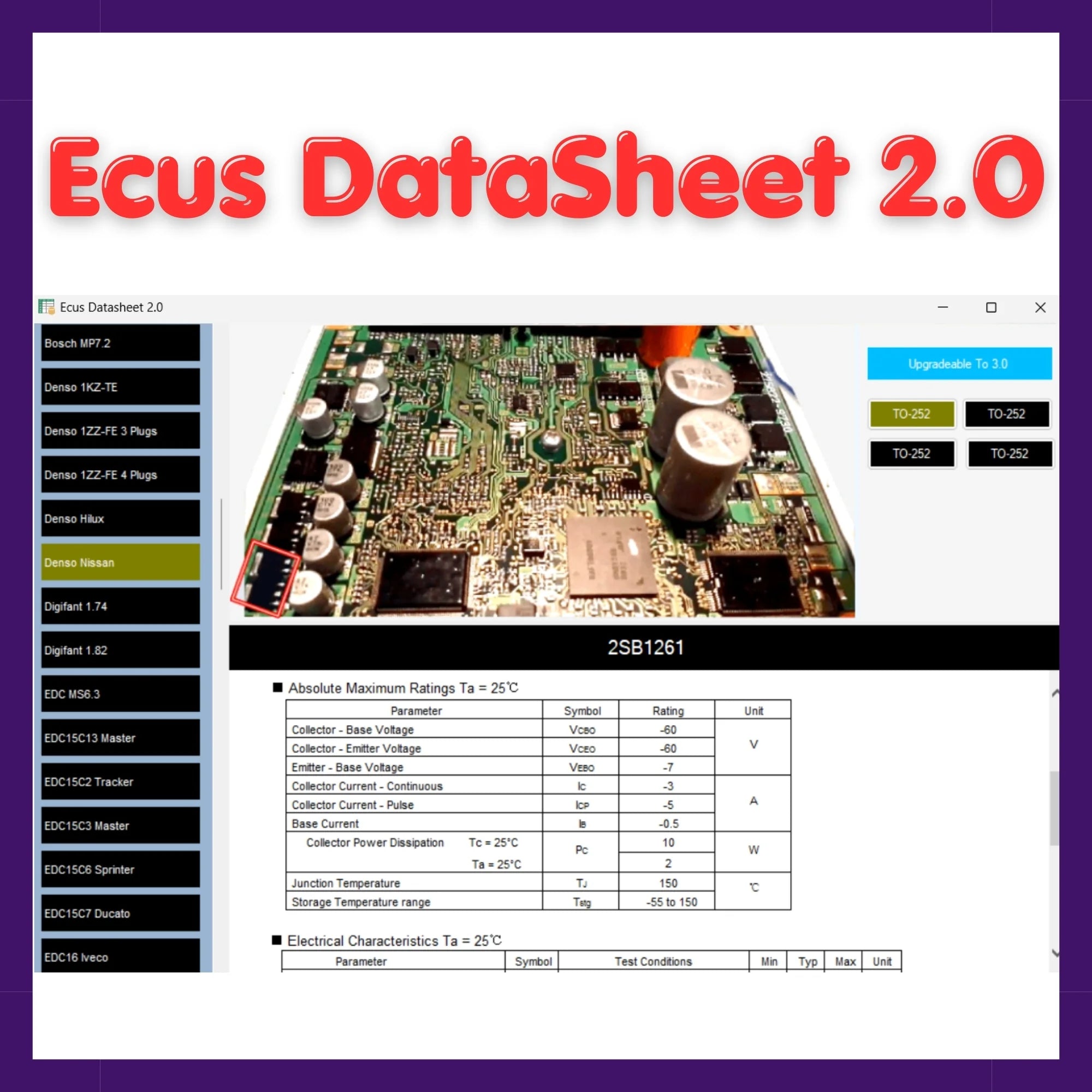 Ecus DataSheet 2.0 software interface showing car ECU circuit board and component data table