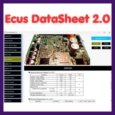 Ecus DataSheet 2.0 software interface showing car ECU circuit board and component data table