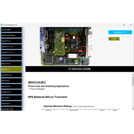 ECU datasheet software screenshot showing Bosch M1.7 diagnostic data and circuit board.