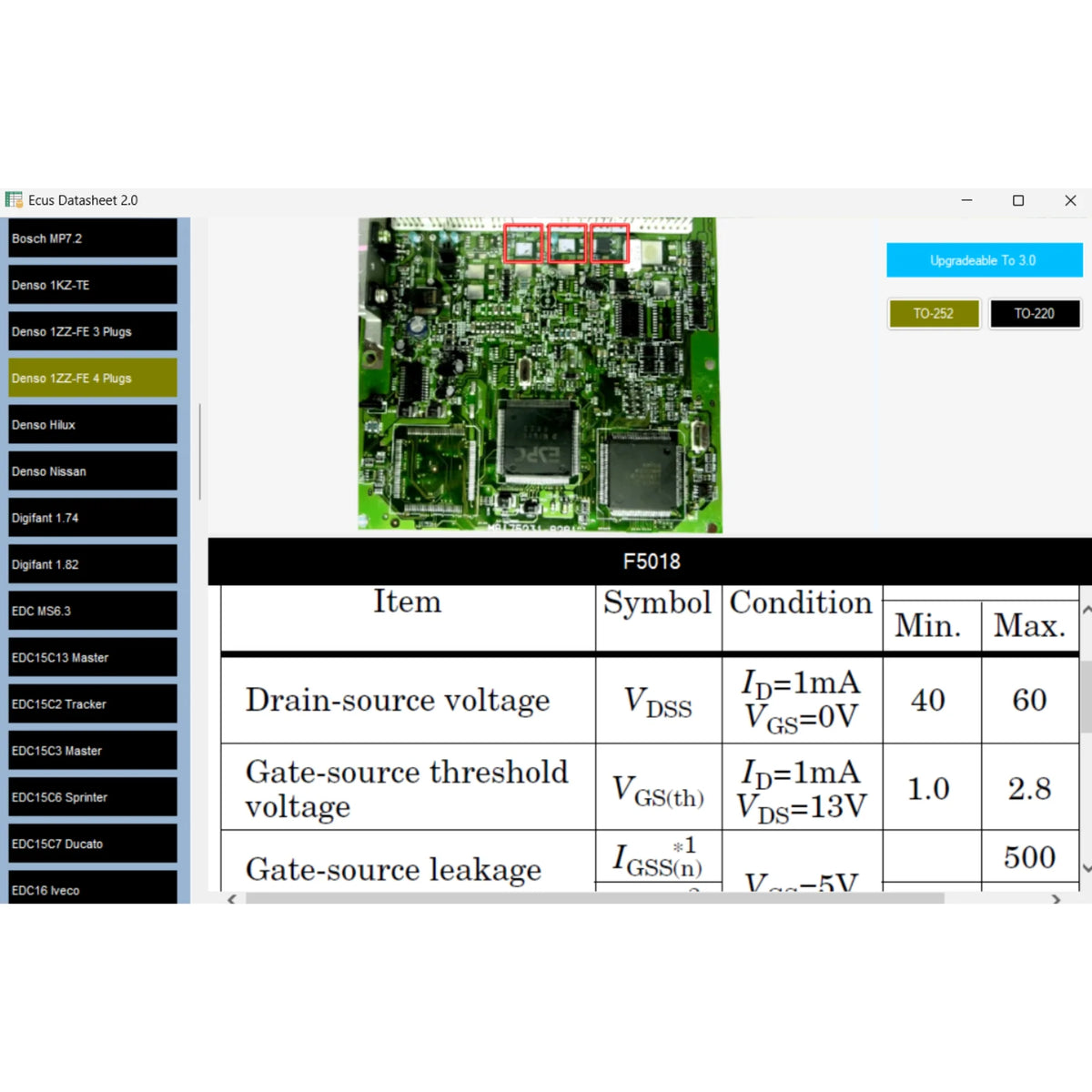 Car ECU datasheet software interface showing circuit board photo and voltage specs, Prodiagtools