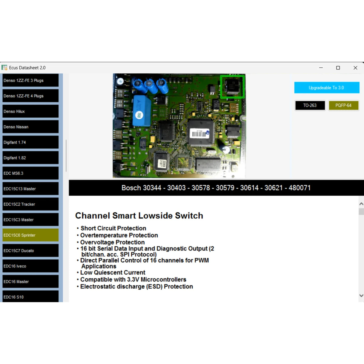 Car ECU datasheet software interface showing Bosch circuit board and diagnostic details.