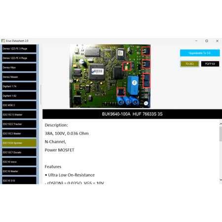ECU datasheet software screenshot showing BMW, VW, Audi diagnostic tool interface with circuit board details and components highlighted.