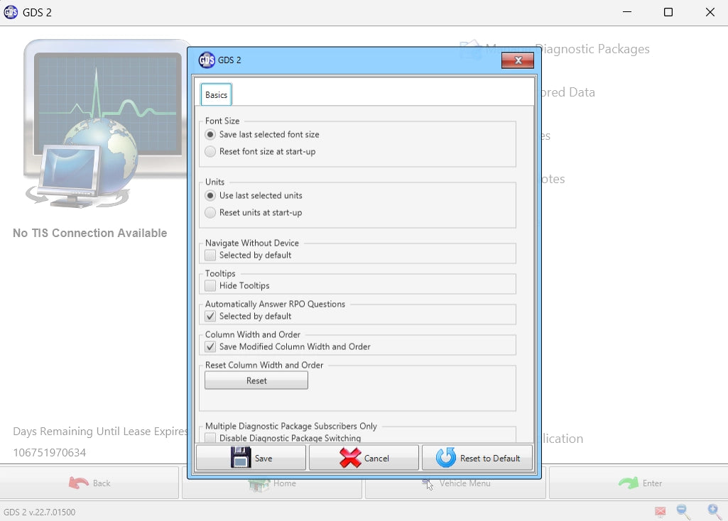 GDS2 GM diagnostic software settings panel with configuration options and system preferences