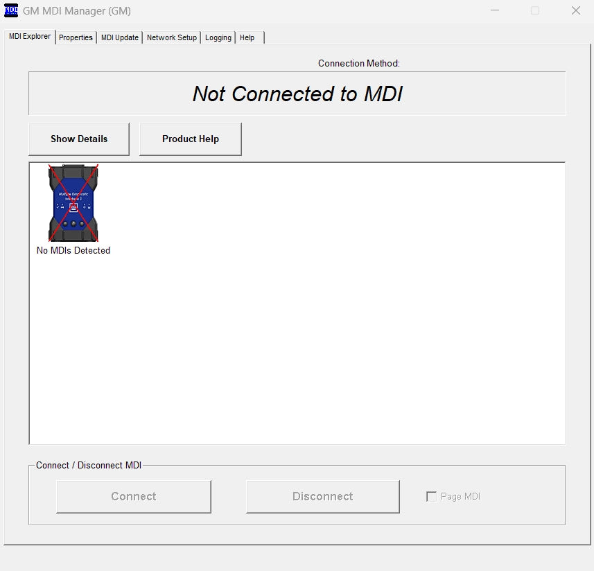 GM MDI diagnostic interface connection screen showing not connected status in GDS2 environment