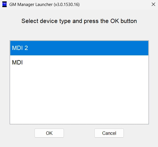 GM MDI manager launcher showing MDI and MDI 2 interface selection for GDS2 software