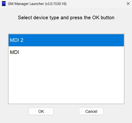 GM MDI manager launcher showing MDI and MDI 2 interface selection for GDS2 software