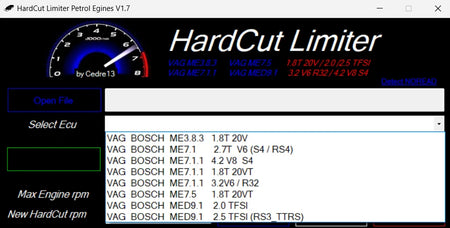 hardcut limiter software ECU selection list for VAG Bosch ME7 MED9 engines including TFSI and V8 configurations