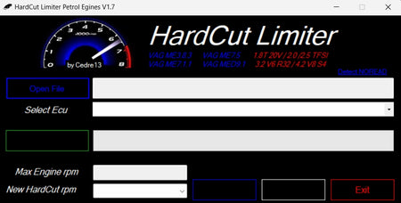 Hardcut limiter ECU tuning software interface for petrol engines V1.7 with RPM limiter and ECU selection options