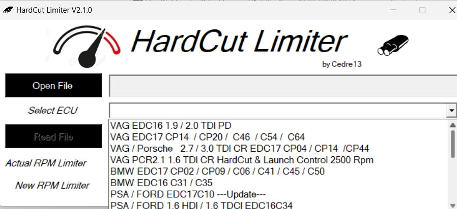 hardcut limiter supported ECU list including VAG EDC16 EDC17 BMW PSA Ford Mercedes tuning compatibility