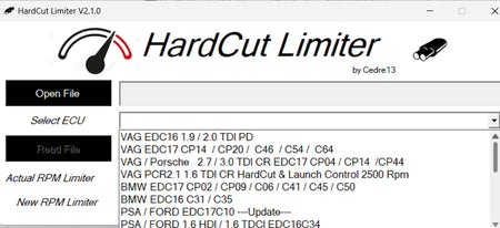 hardcut limiter supported ECU list including VAG EDC16 EDC17 BMW PSA Ford Mercedes tuning compatibility
