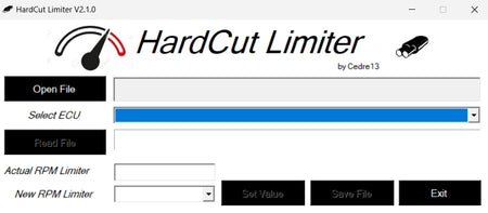 hardcut limiter V2 ECU tuning software interface with RPM limiter adjustment and file editing options