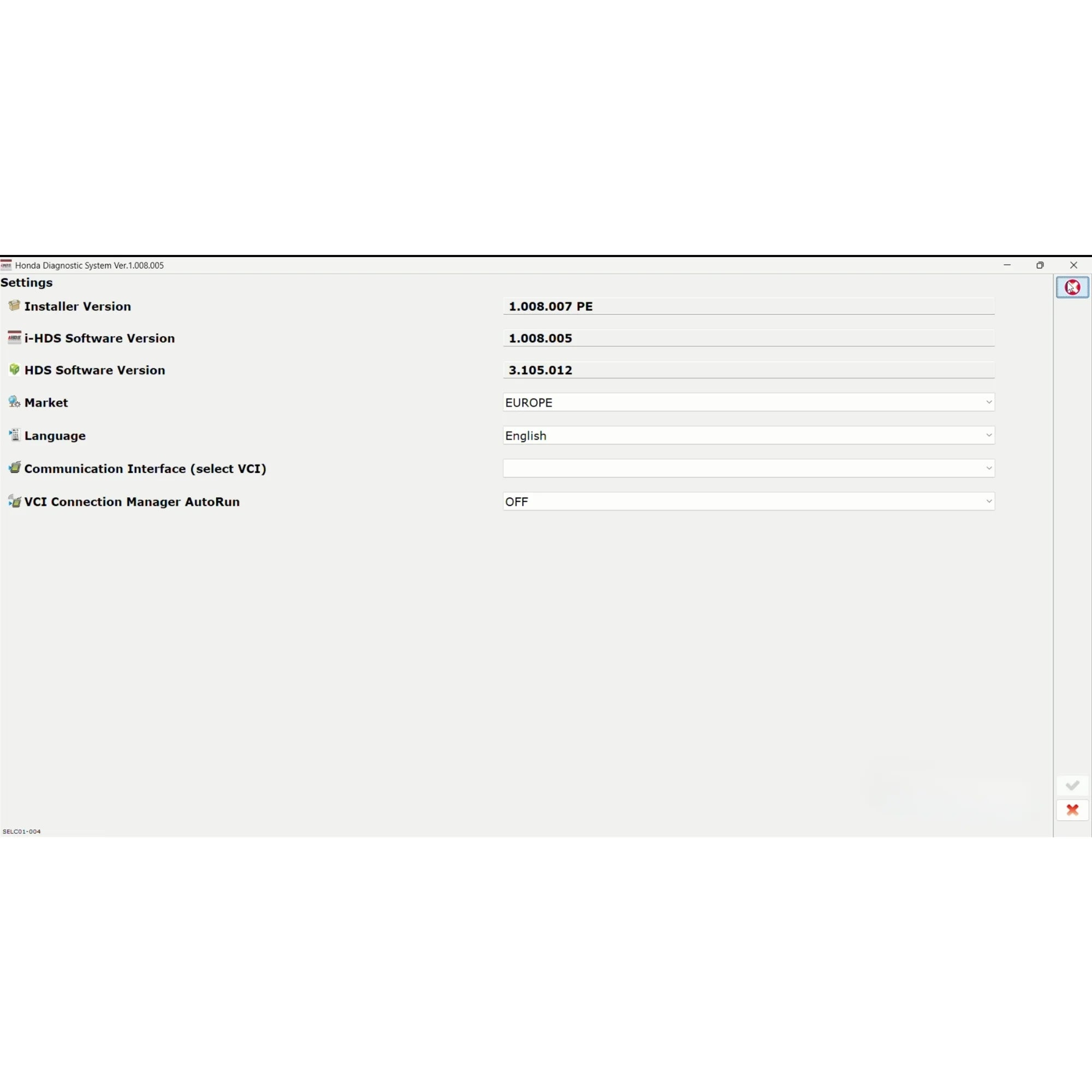 Honda HDS 3.105.012 diagnostic software settings with i-HDS version, market selection and J2534 VCI support