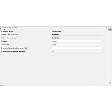Honda HDS 3.105.012 diagnostic software settings with i-HDS version, market selection and J2534 VCI support