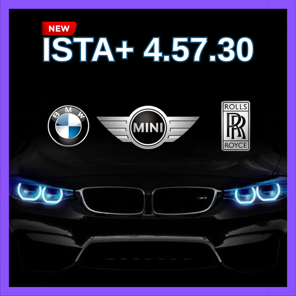 ISTA+ 4.57.30 BMW diagnostic software banner with BMW, MINI and Rolls-Royce logos and front view of BMW car with blue headlights on black background (NEW)