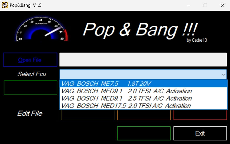 pops and bangs software ECU selection menu for VAG MED9 TFSI engines with crackle map activation options