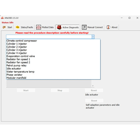 AlfaOBD diagnostic software interface by ProDiagTools showing engine component options for automotive diagnosis
