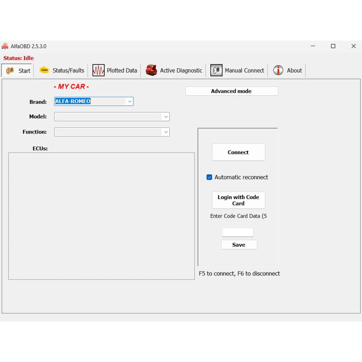 ProDiagTools AlfaOBD diagnostic software interface showing brand selection for Alfa Romeo vehicles