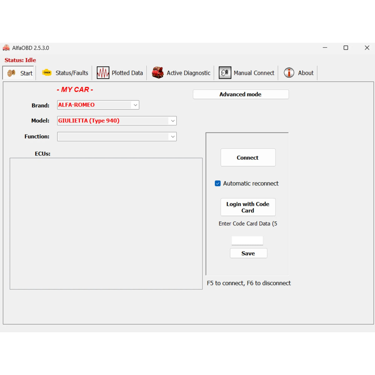 ProDiagTools AlfaOBD diagnostic software interface showing Alfa Romeo Giulietta type 940 selection